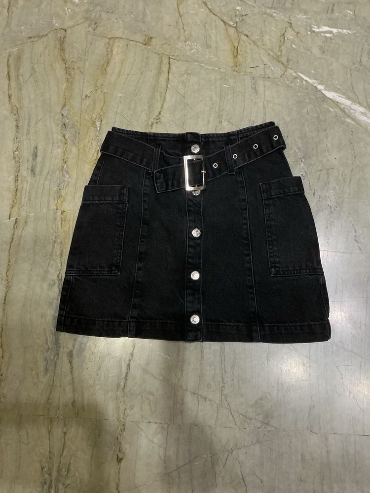 Black Denim Belted Mini Skirt