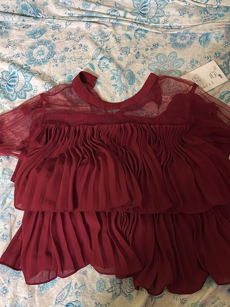 Elegant Scarlet Net Balloon Sleeve Top – Trendy “S