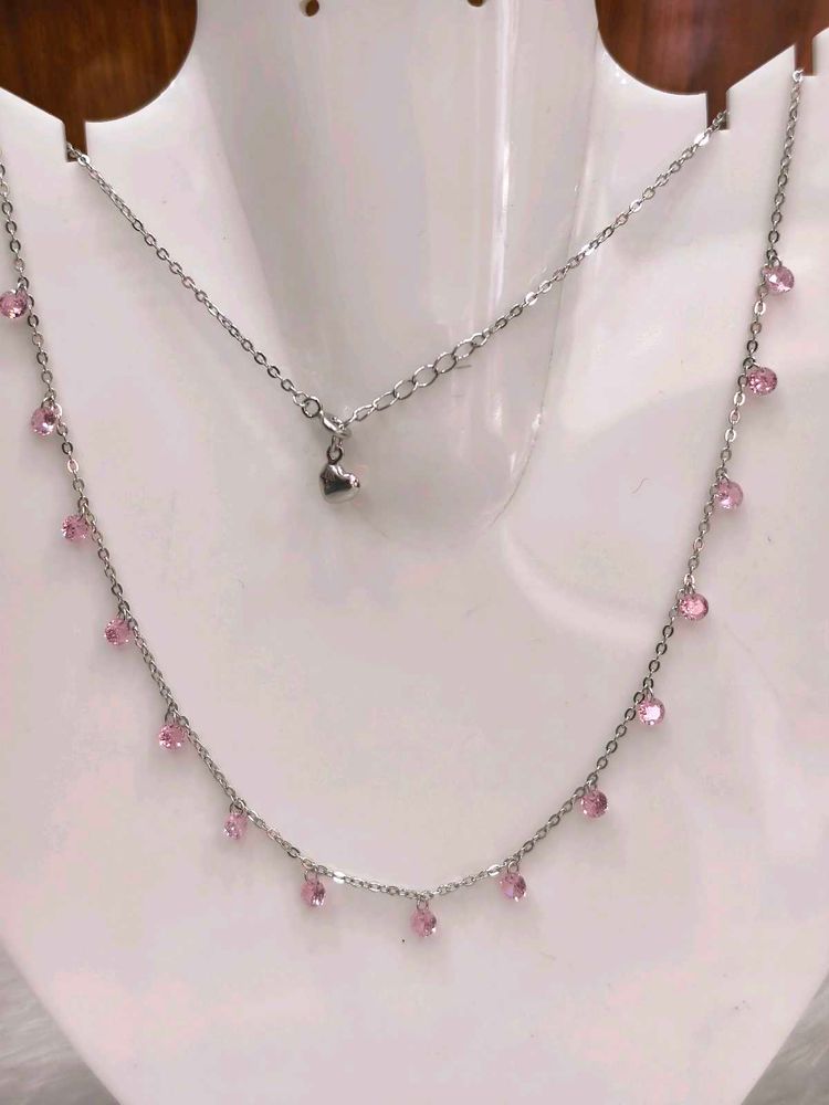 Pink Accent Layered Necklace 925 Sterling Silver