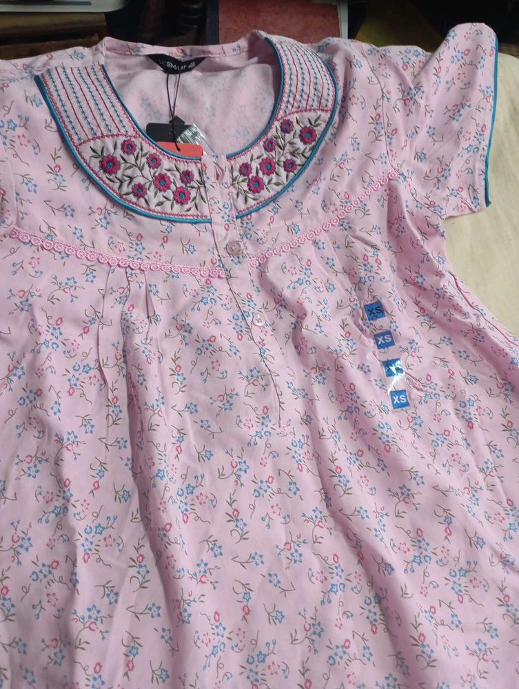 Pink Floral Nighty with Embroidery