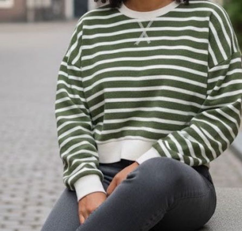 Striped Olive Green Cropped Sweatshirt