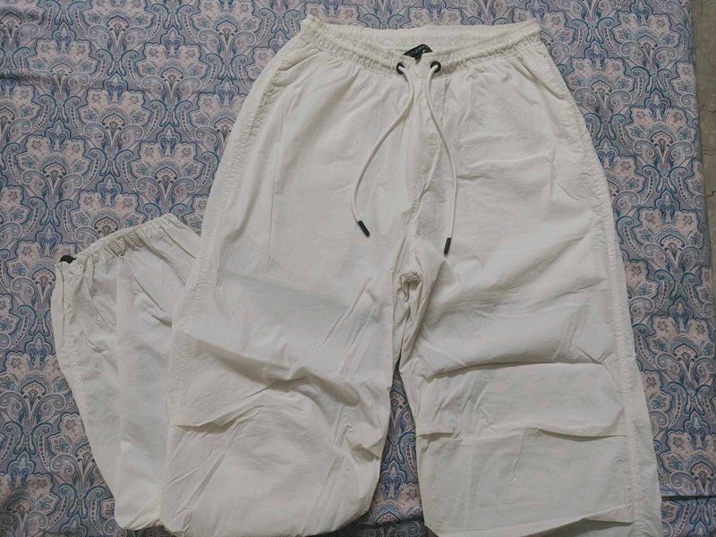 White Drawstring Casual Parachute Pants