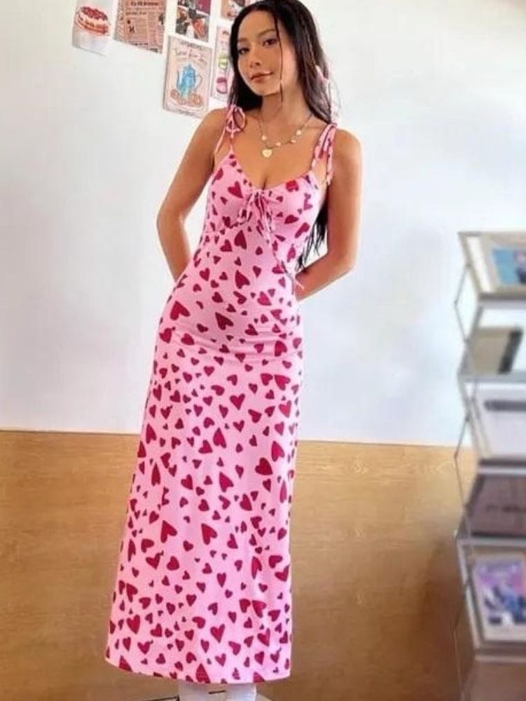 Pink Heart Print Midi Dress