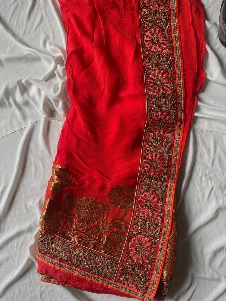 Heavy Work Red Saree