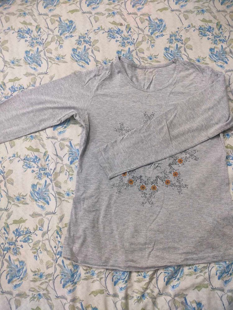 Casual Grey Full Sleeves T-shirt