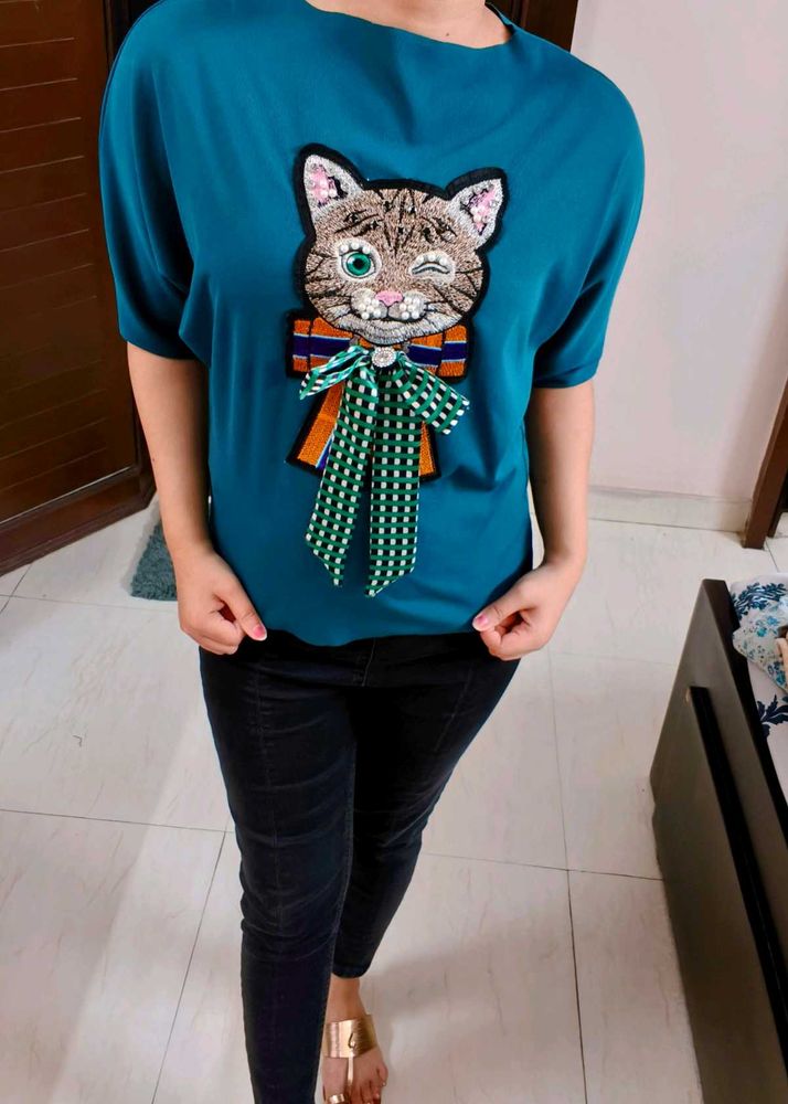 Women Teal blue Cat Bow Embellished Top