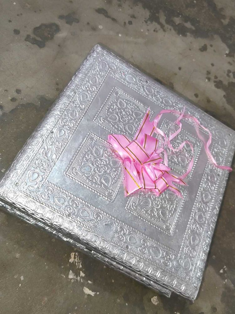 Silver Decorative Box with Pink Ribbon