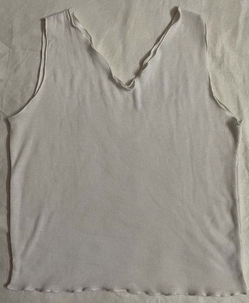 White Ribbed Sleeveless Tank Top with Soft V-Neck