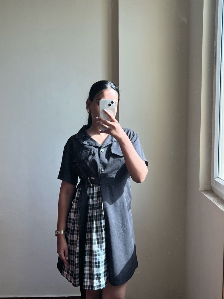 Plaid Panel Shirt Dress