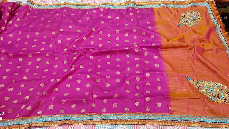 Pink &amp; Orange Embroidered Saree