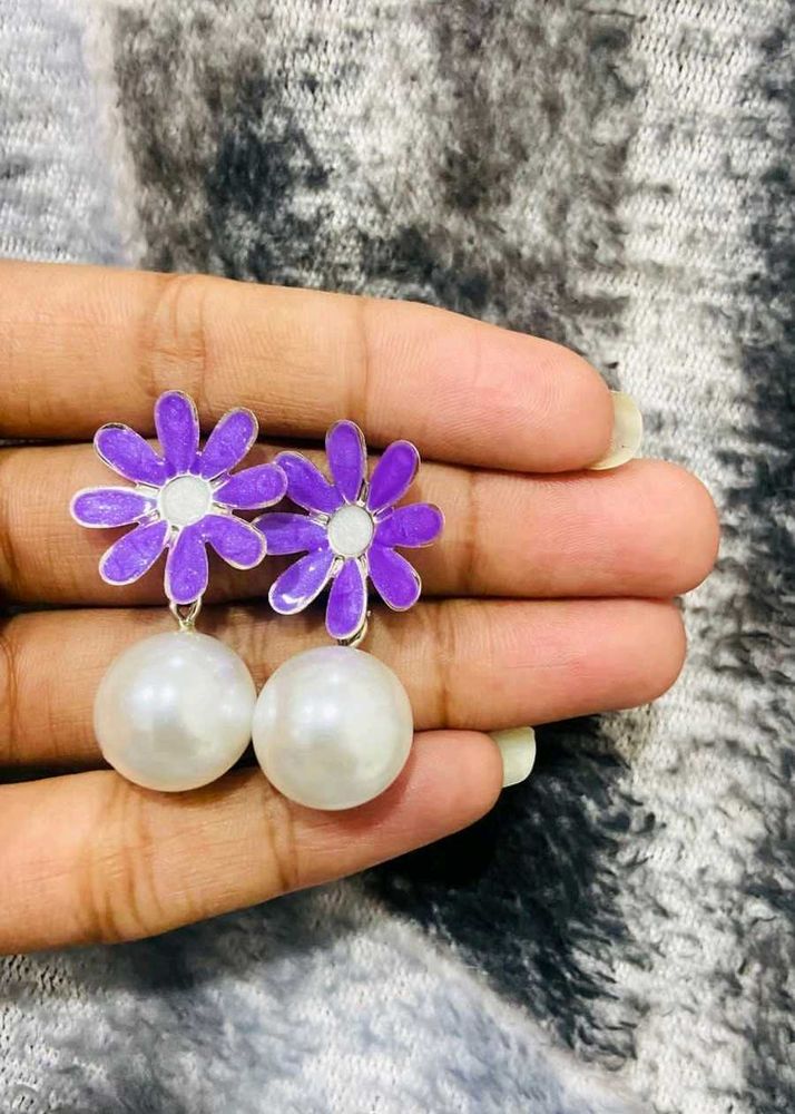 Purple Flower Pearl Drop Earrings