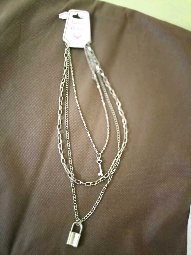 Layered Necklace with Lock and Key Pendants