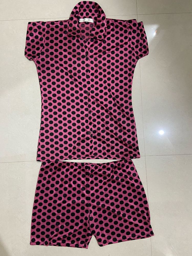 Pink Polka Dot Night Suit Shorts Set
