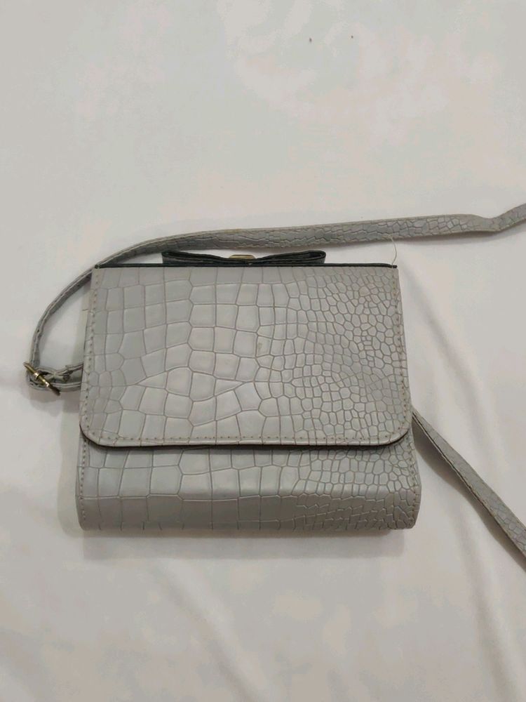 Grey Faux Leather Sling Bag