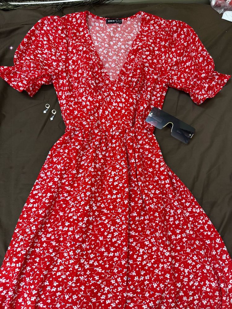 Red Floral Long Dress So Pretty Size32-36