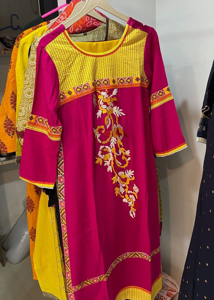 Pink &amp; Yellow Embroidered Kurti