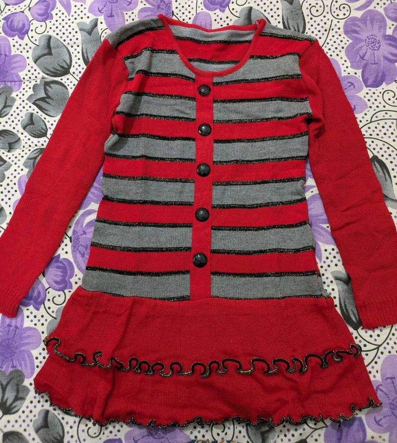 Red Grey Woolen Long Top