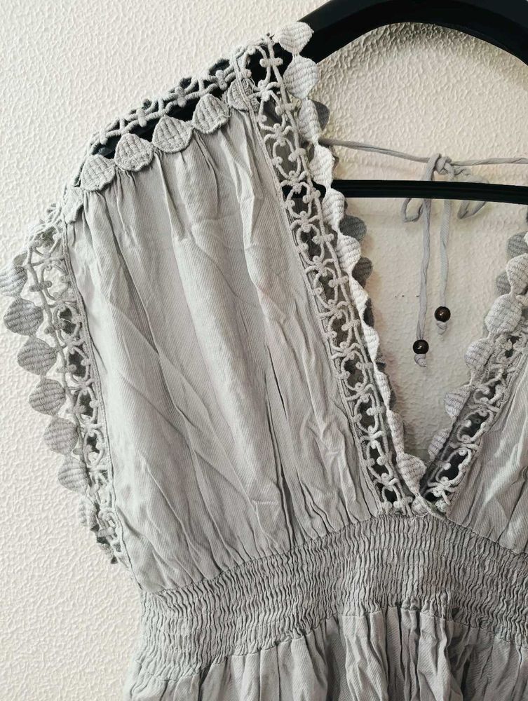 Gray Crochet Trim V-Neck Top