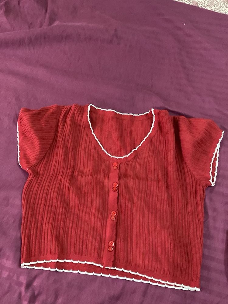 Red Ribbed Button-Down Crop Top