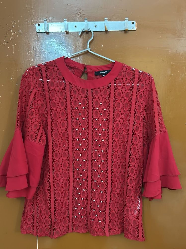 Red Lace Bell Sleeve Top