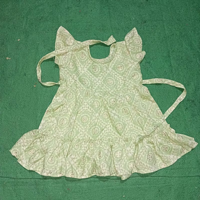 Handmade Baby Frock, Chest - 20 Inches, Waist - 20 Inches, Length 16.5 Inches, Light Colours (Green And Pinkish)
