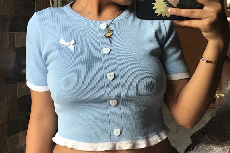 Blue Heart Button Crop Top