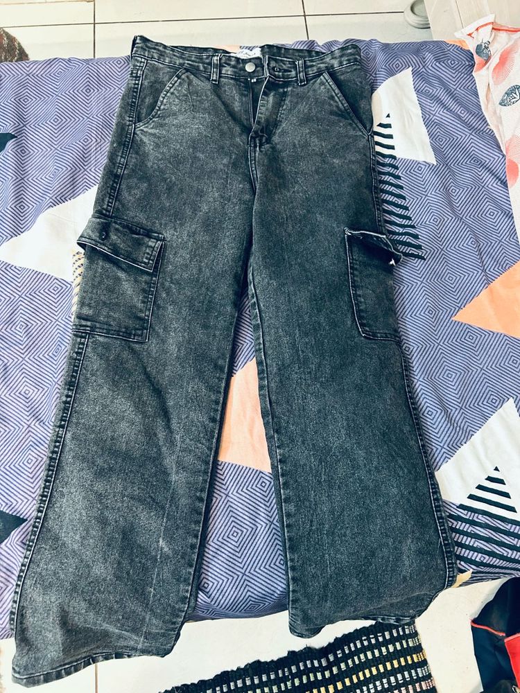 Women Trendy Grey Cargo Jeans