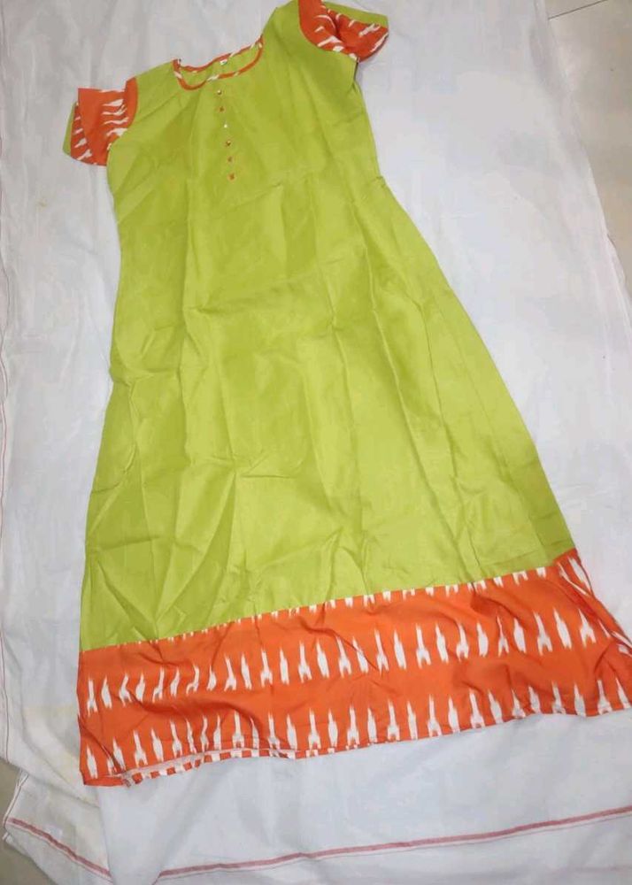 Green &amp; Orange Cotton Kurti Buy 1 Get Free