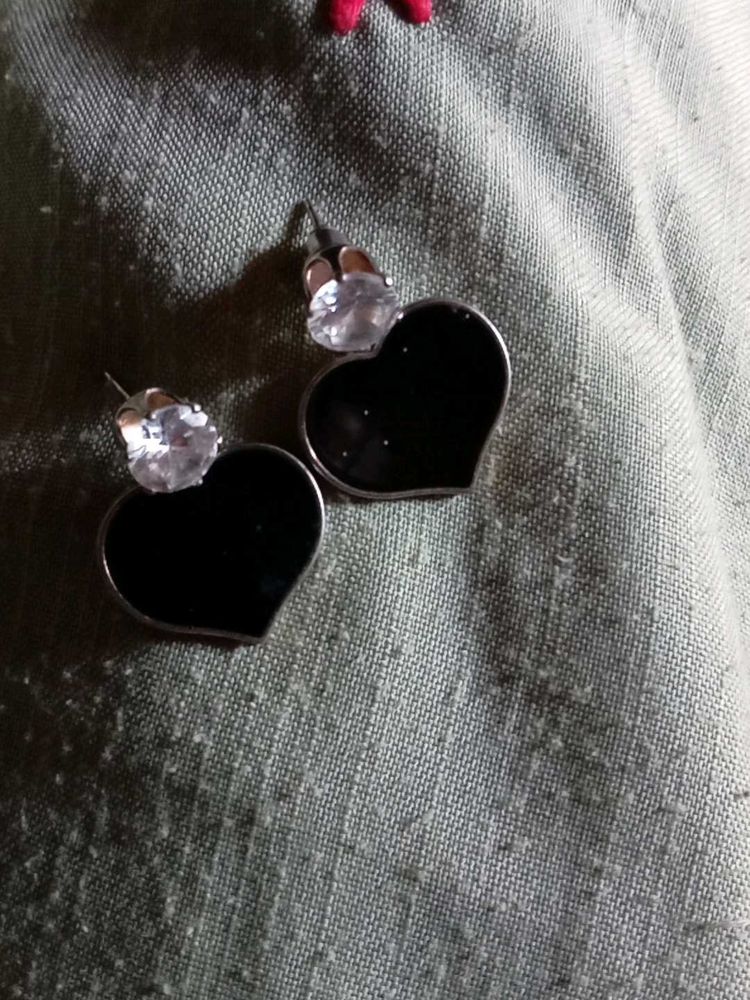 Black Heart &amp; Crystal Stud Earrings