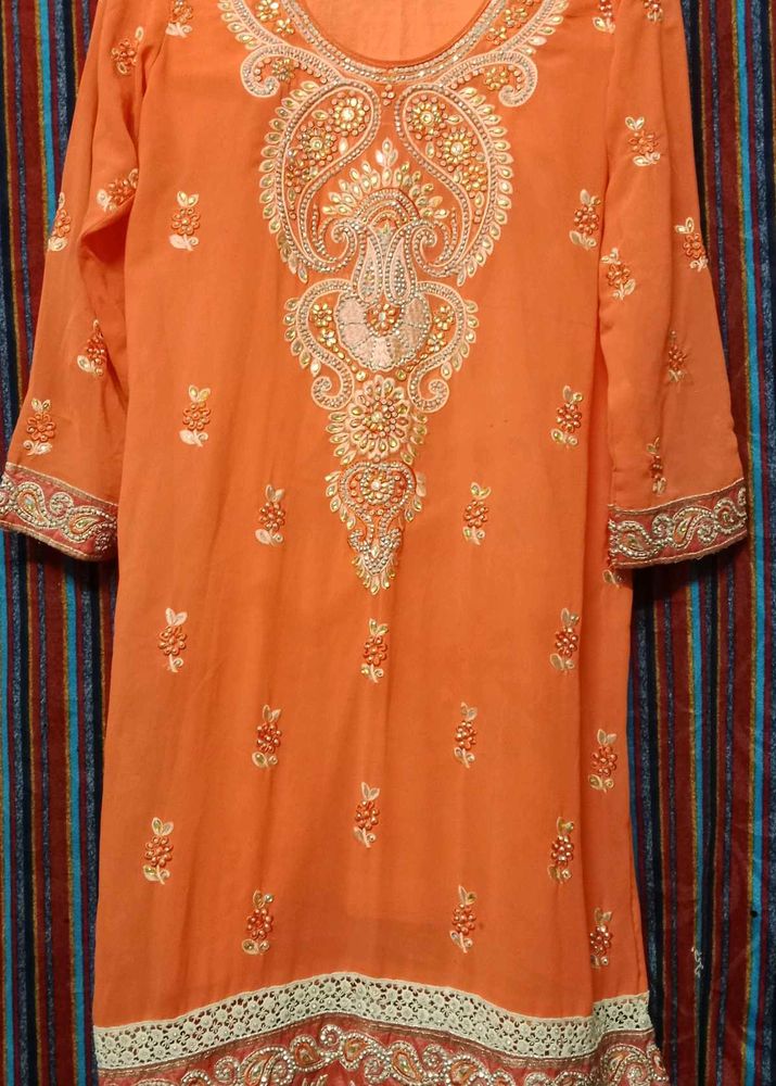 Coral Pink Kurta With Heavy Embroidery And Stones
