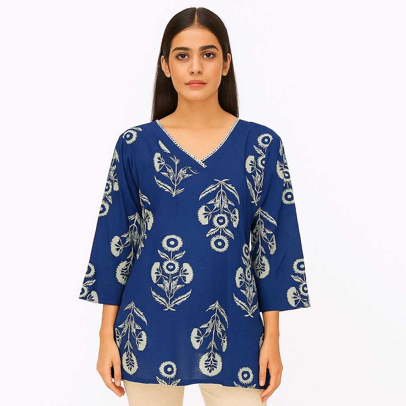 Blue Floral Print Tunic Top