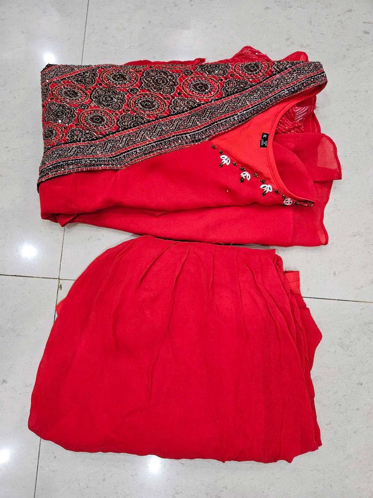 Beautiful Cherry Red Georgette Cord Set