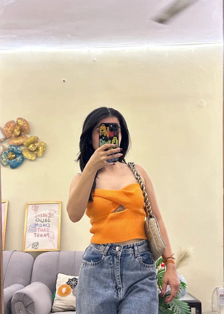 Orange Knit Cutout Top