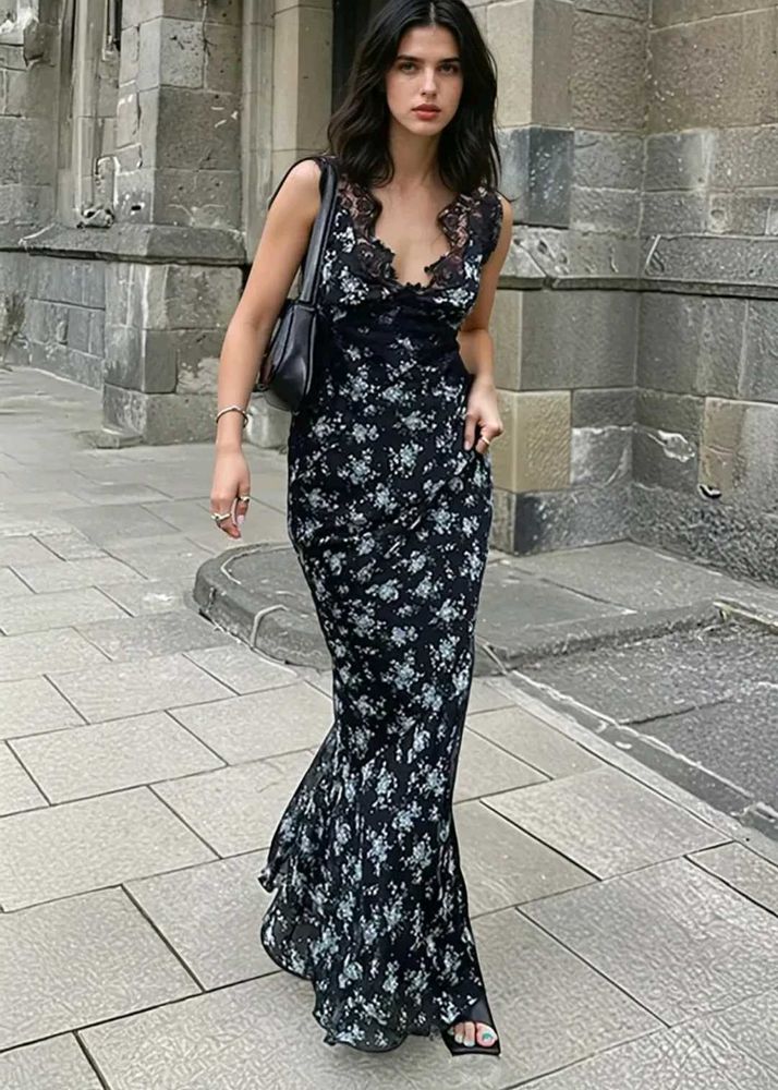 Floral Lace Trim Maxi Dress