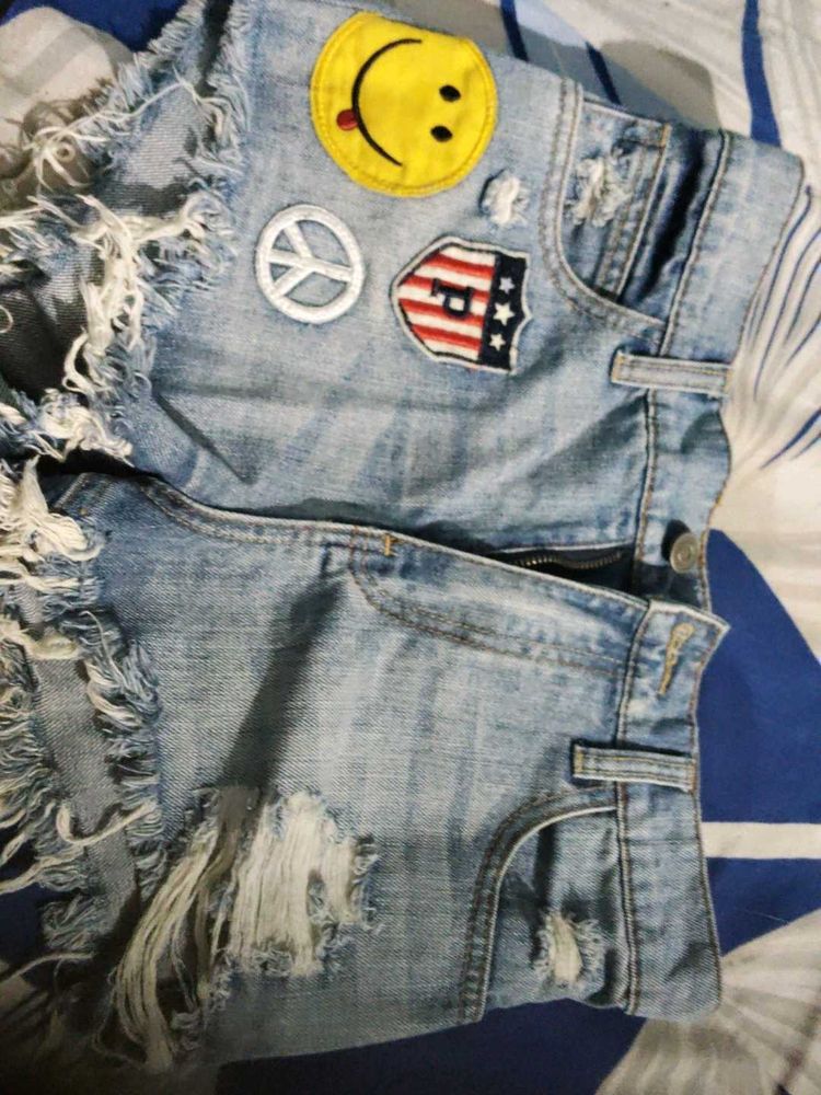 Distressed Denim Patch Shorts
