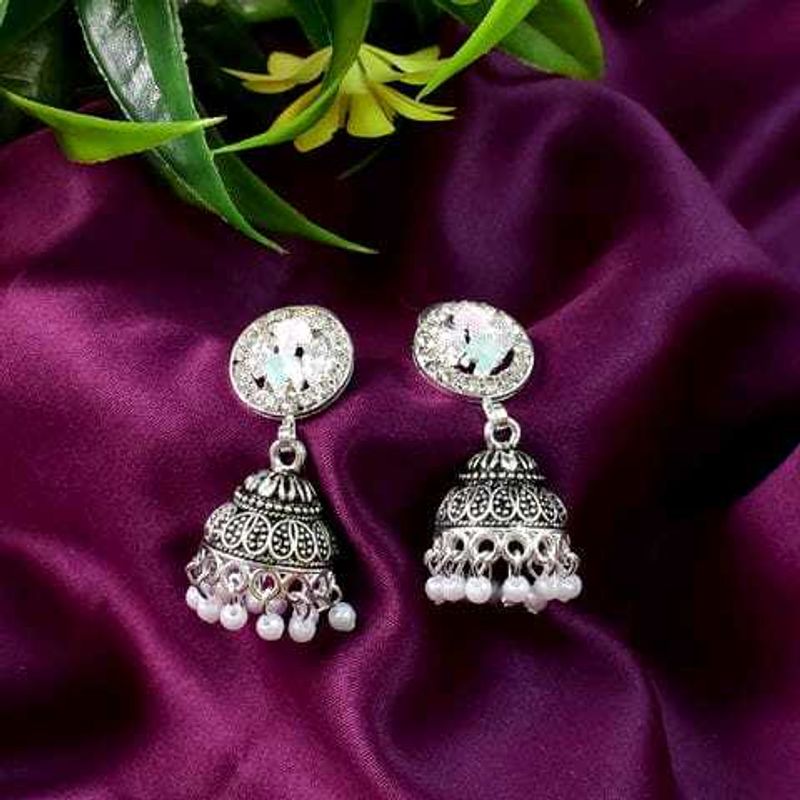 Silver Jhumka Earrings with White Pearls