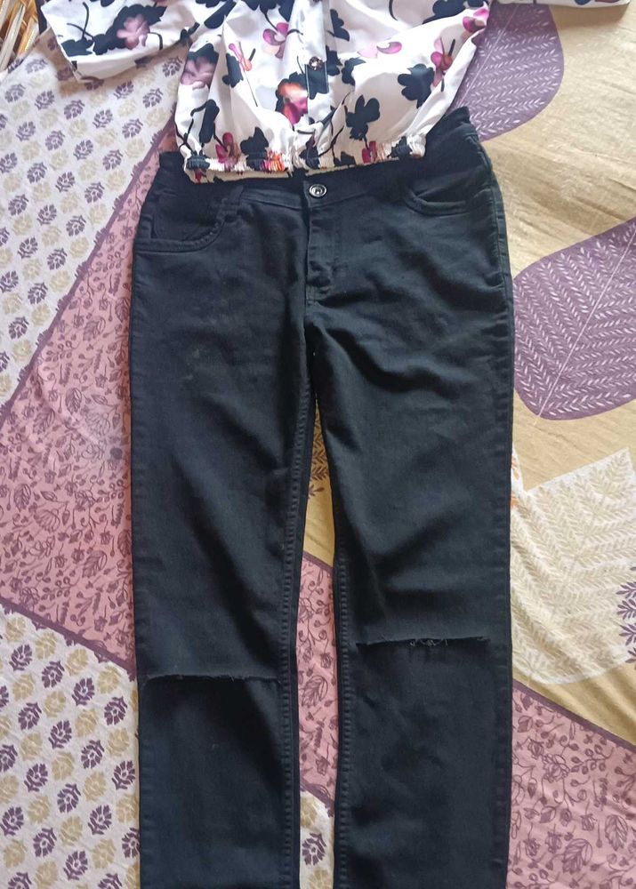 Ripped Black Jeans And  Off Shoulder Crop  Top