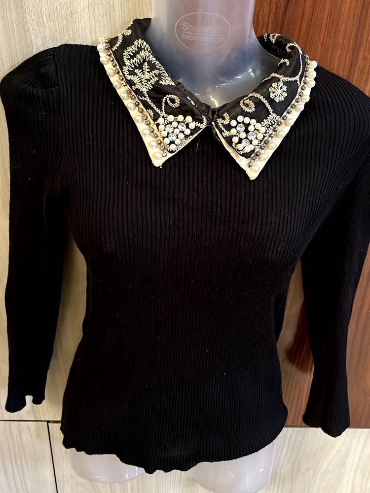 Korean Ribbed Black Embellished Collar Top❣️
