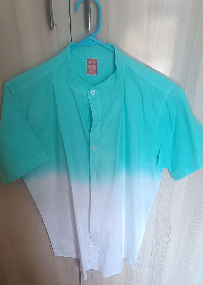 Men/Unisex Mandarin Collar Half Sleeve  Green And White Shaded Shirt Size - 40
