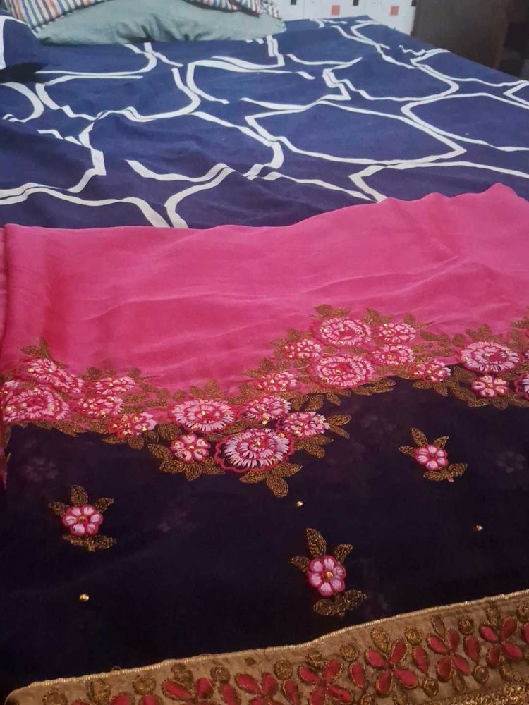 Rose With Navi Blue Georget Designer Saree