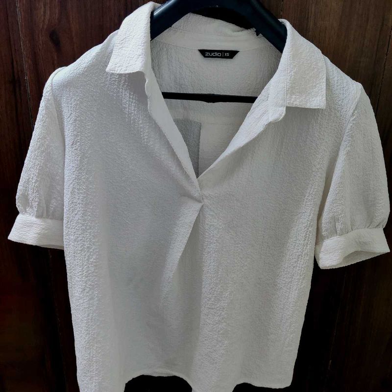 White Textured Puff Sleeve Top