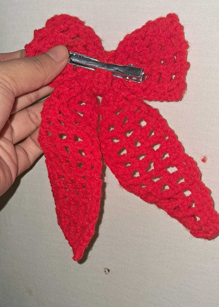 Red Crochet Hair Bow Clip