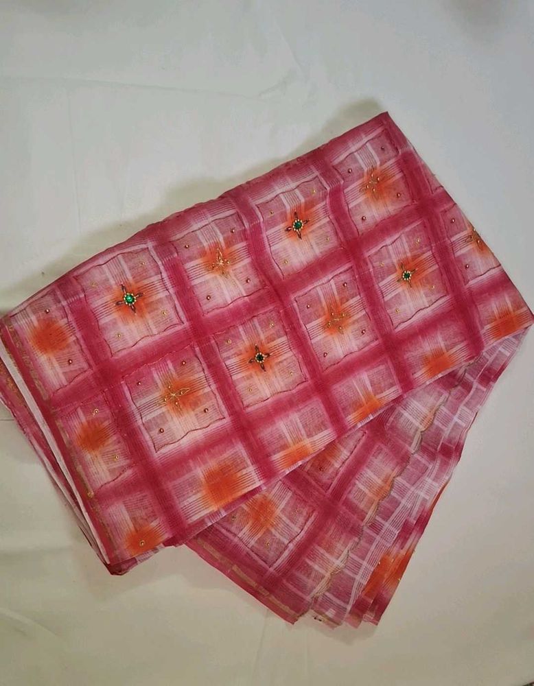 Elegant Pink Checked Saree