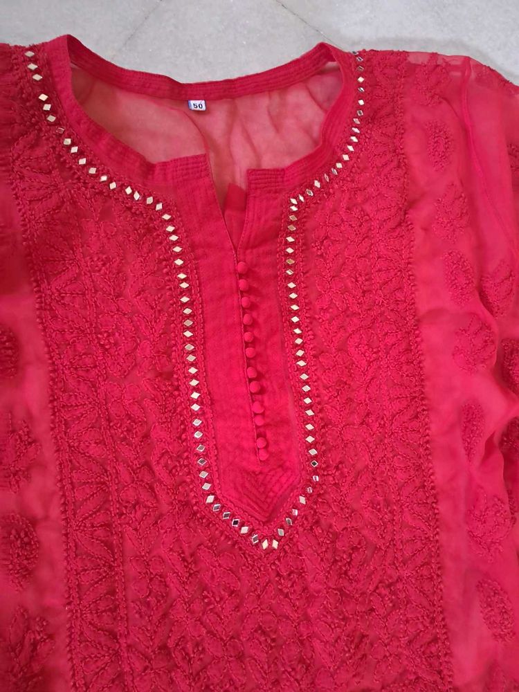 Brand New Red Chikankari Kurta With Mirror Work