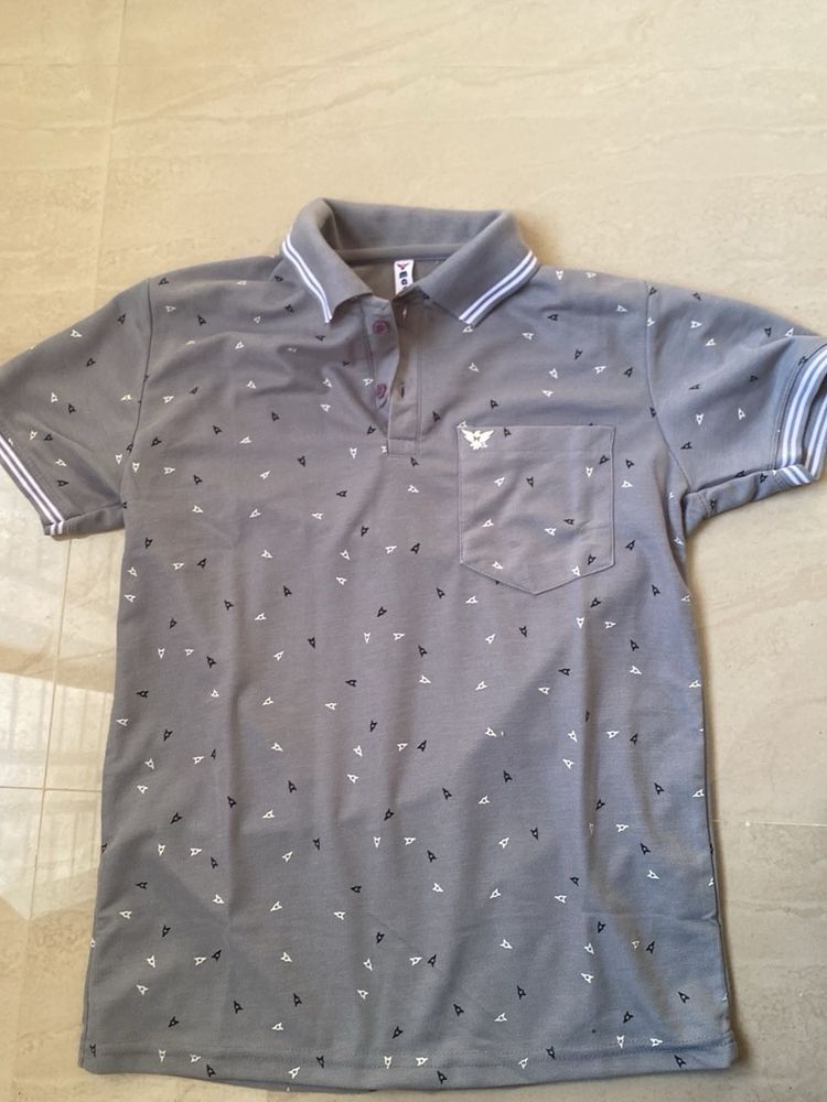 Stylish Grey Patterned Polo Shirt