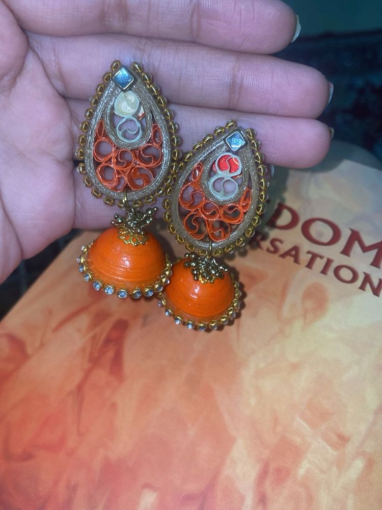 Orange quilling Jhumka Earrings