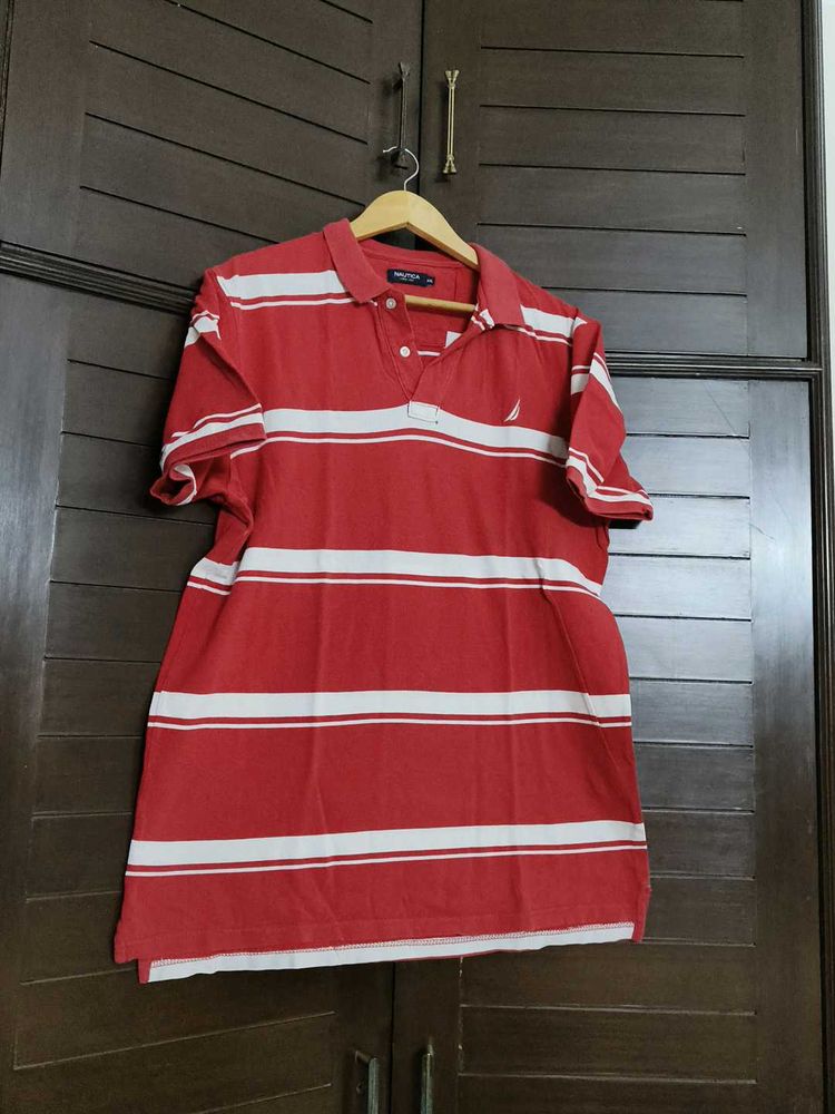 Nautica Men Red Striped Cotton Polo Tshirt