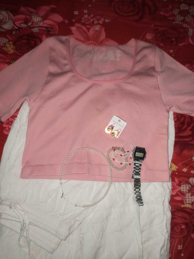 Pink Colour, Deep Neck Crop Top.
