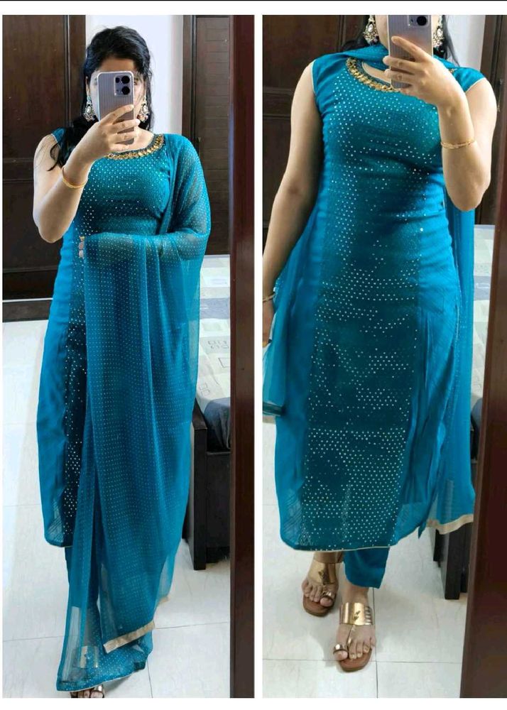 Women Teal Blue Sequence Chanderi Cotton Suit Set