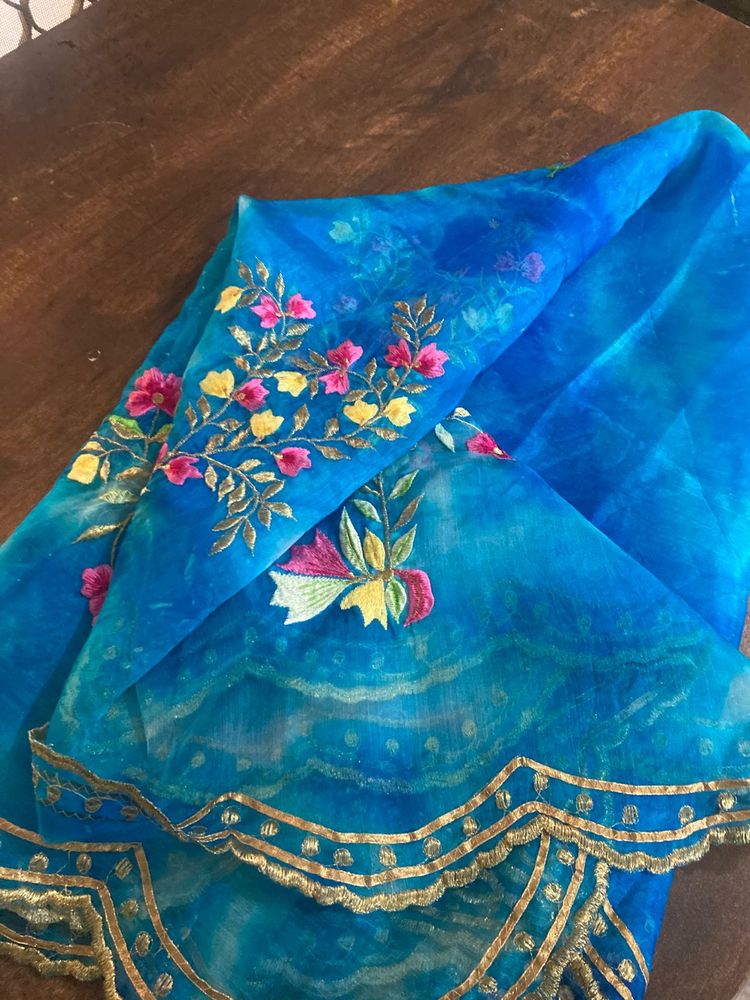 Blue Floral Embroidered Dupatta